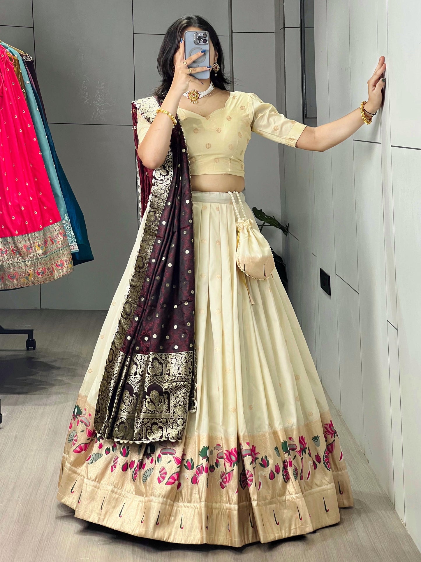 Marvelous Cream Paithani Silk Lehenga Choli With Brown Dupatta