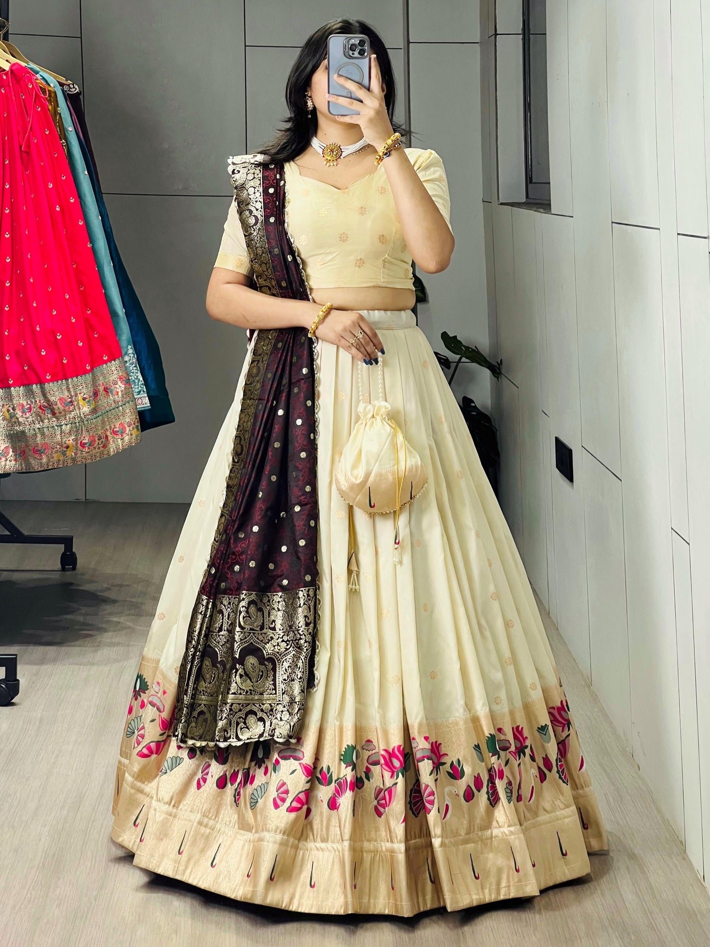 Marvelous Cream Paithani Silk Lehenga Choli With Brown Dupatta
