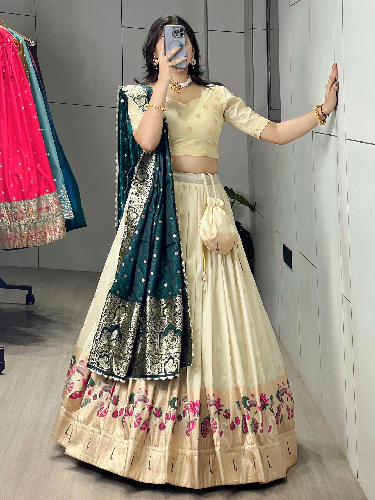 Spectacular Cream Paithani Silk Wedding Lehenga Choli