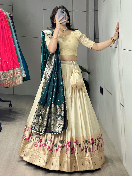 Spectacular Cream Paithani Silk Wedding Lehenga Choli