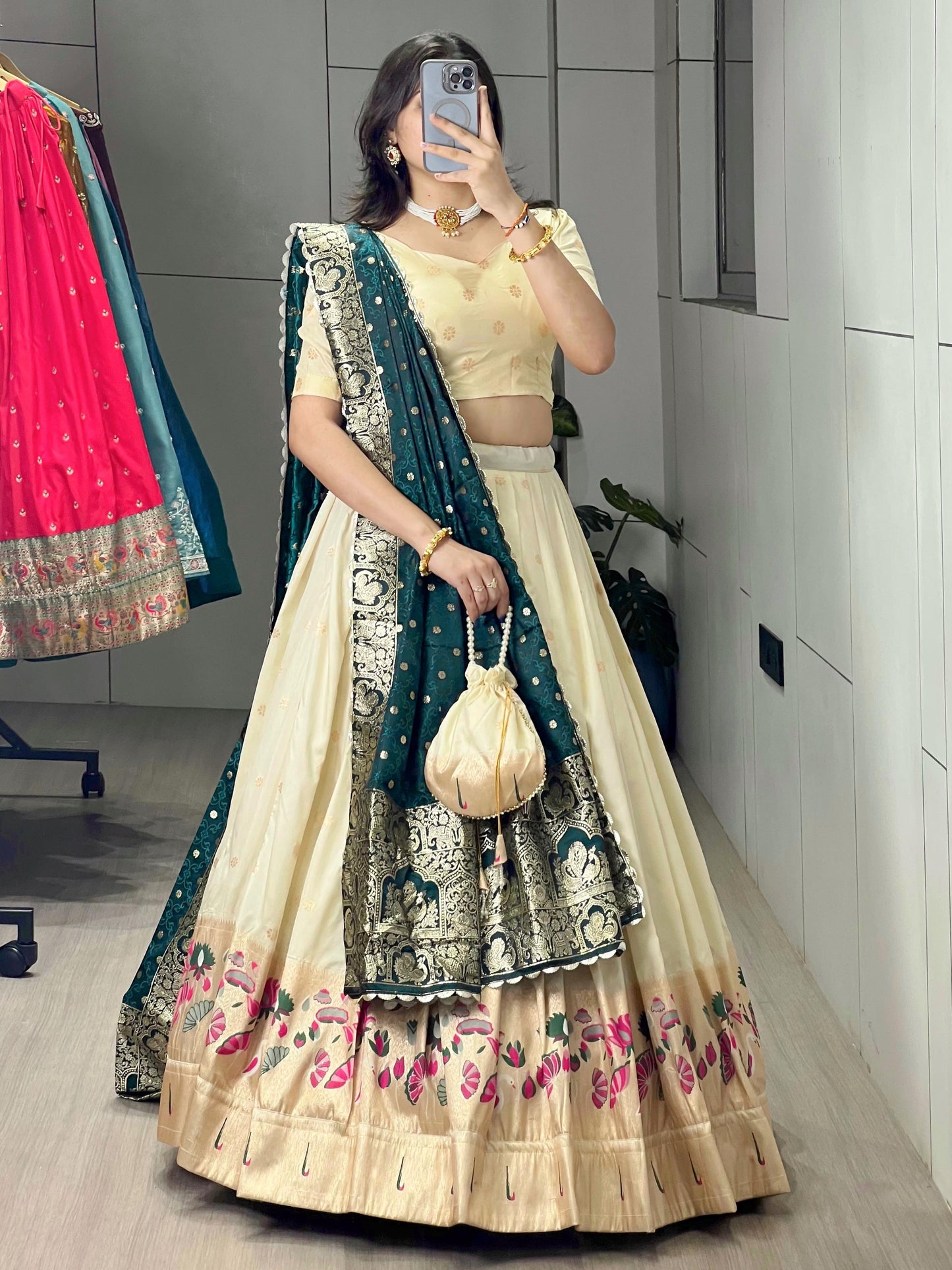 Spectacular Cream Paithani Silk Wedding Lehenga Choli