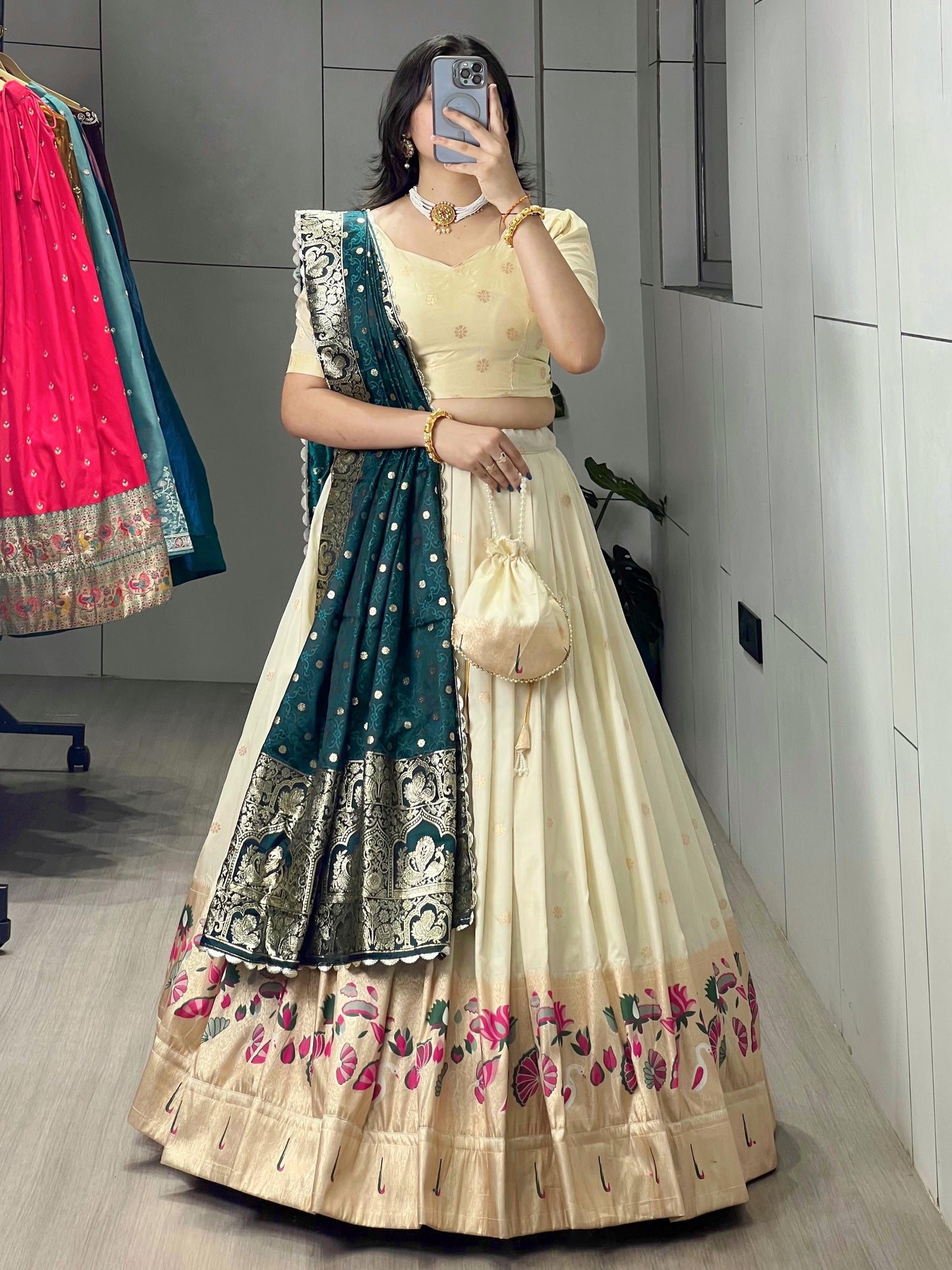 Spectacular Cream Paithani Silk Wedding Lehenga Choli