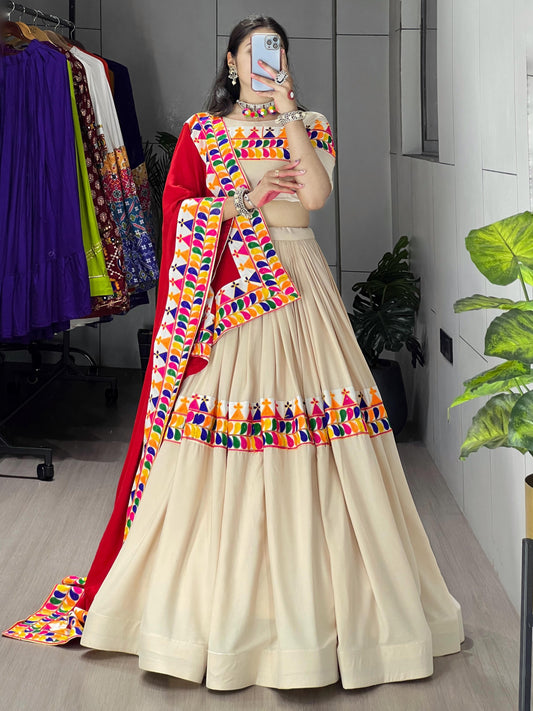 Pretty Cream Gamthi Work Rayon Cotton Navratri Lehenga Choli