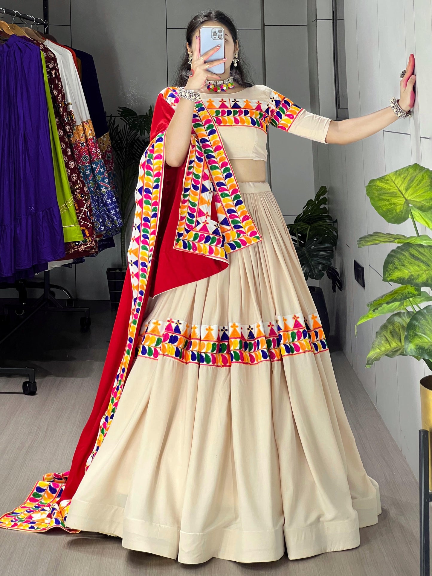Pretty Cream Gamthi Work Rayon Cotton Navratri Lehenga Choli