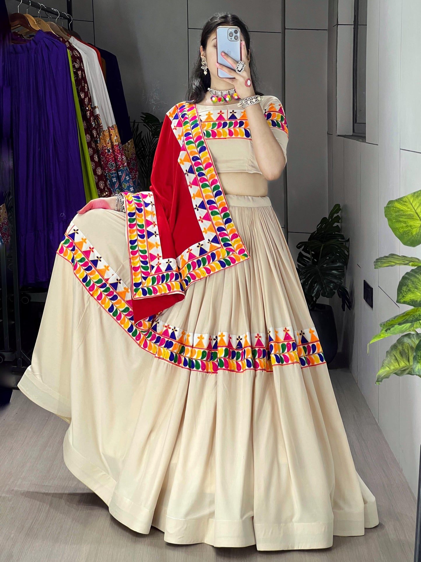 Pretty Cream Gamthi Work Rayon Cotton Navratri Lehenga Choli