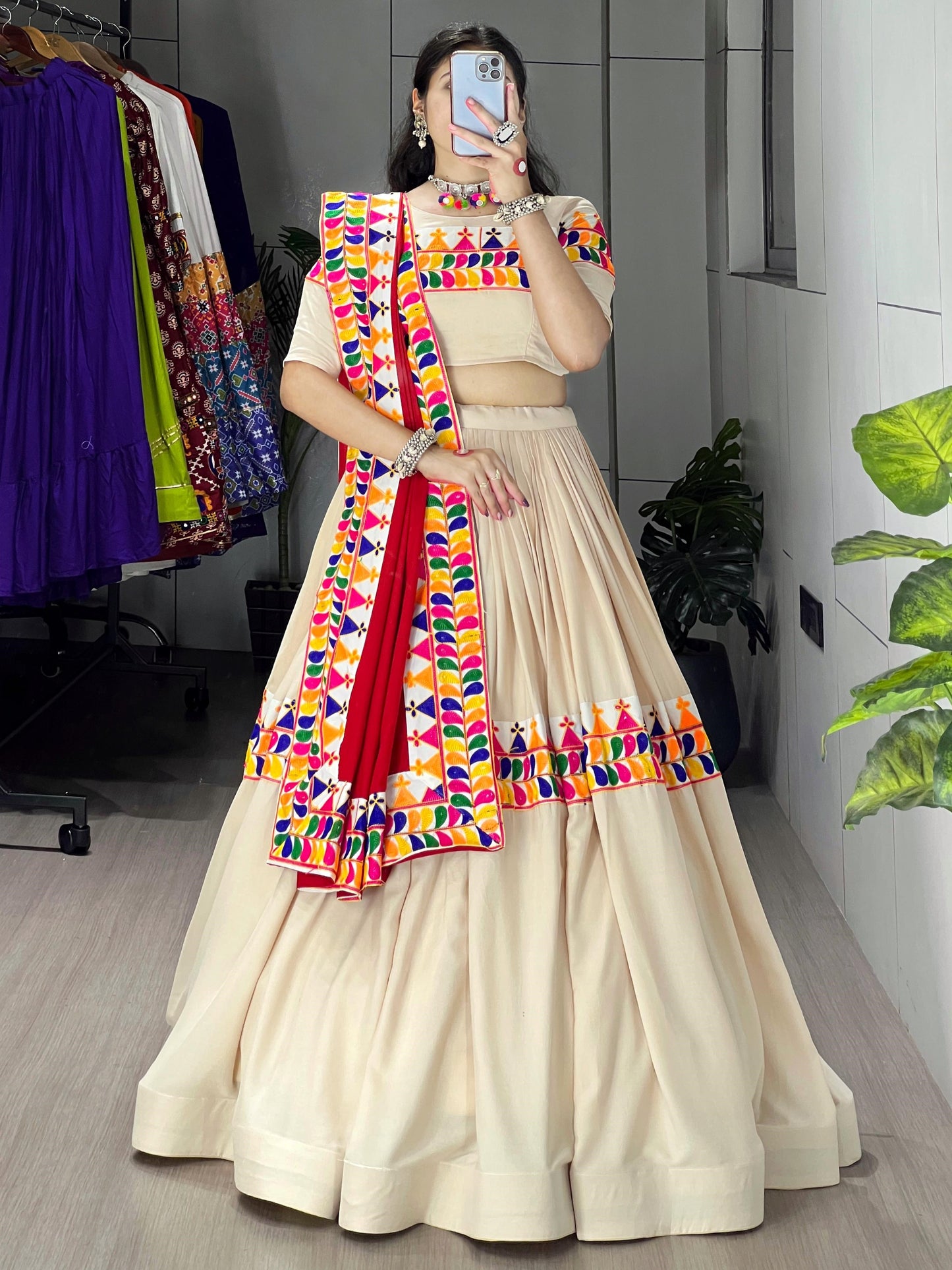 Pretty Cream Gamthi Work Rayon Cotton Navratri Lehenga Choli