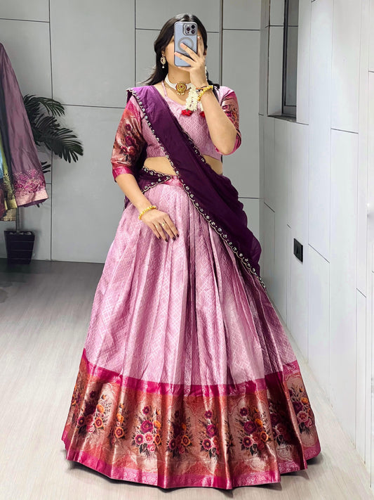 Marvelous Pink Zari Weaving Silk Wedding Half-Saree Lehenga