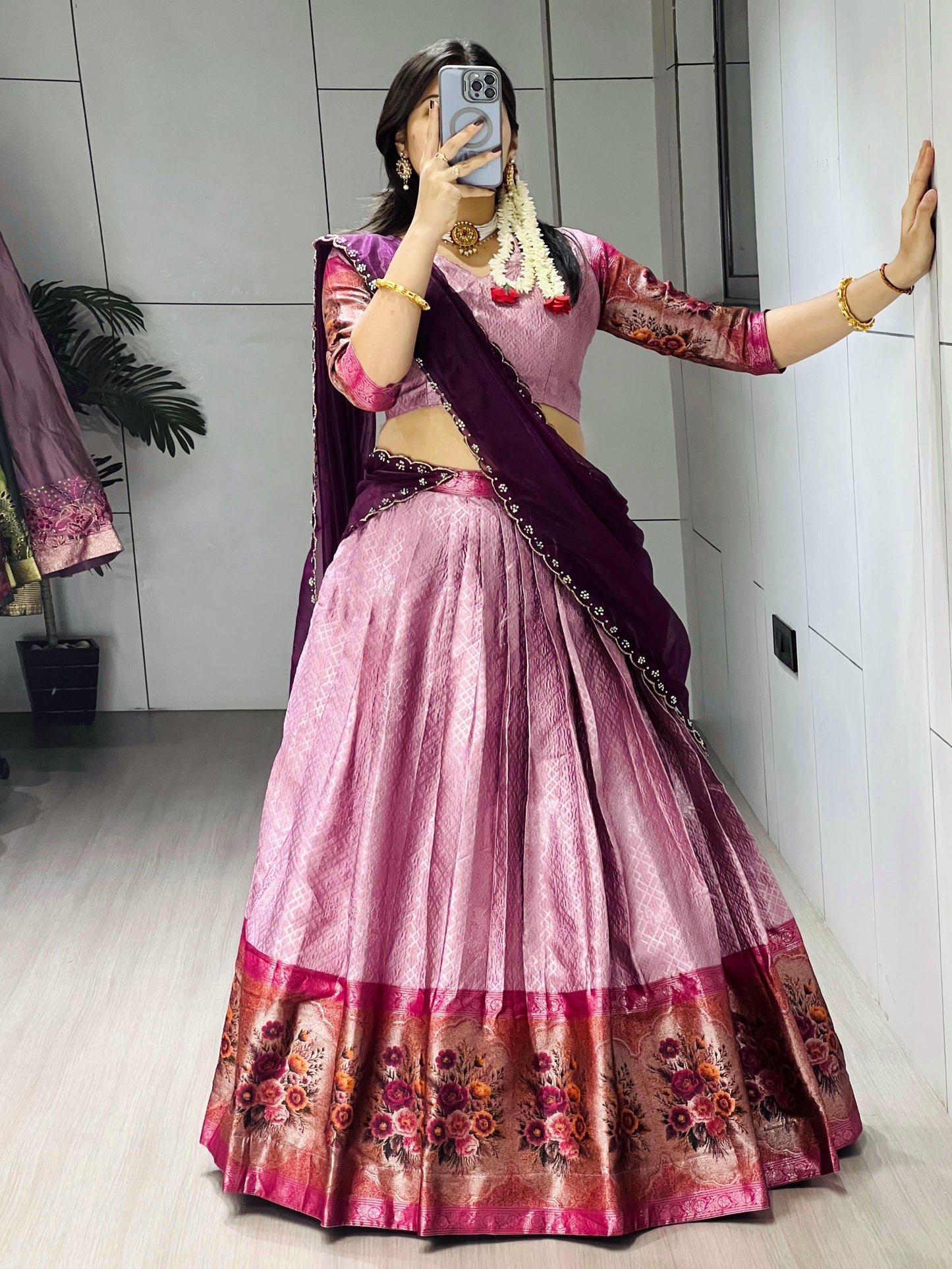 Marvelous Pink Zari Weaving Silk Wedding Half-Saree Lehenga
