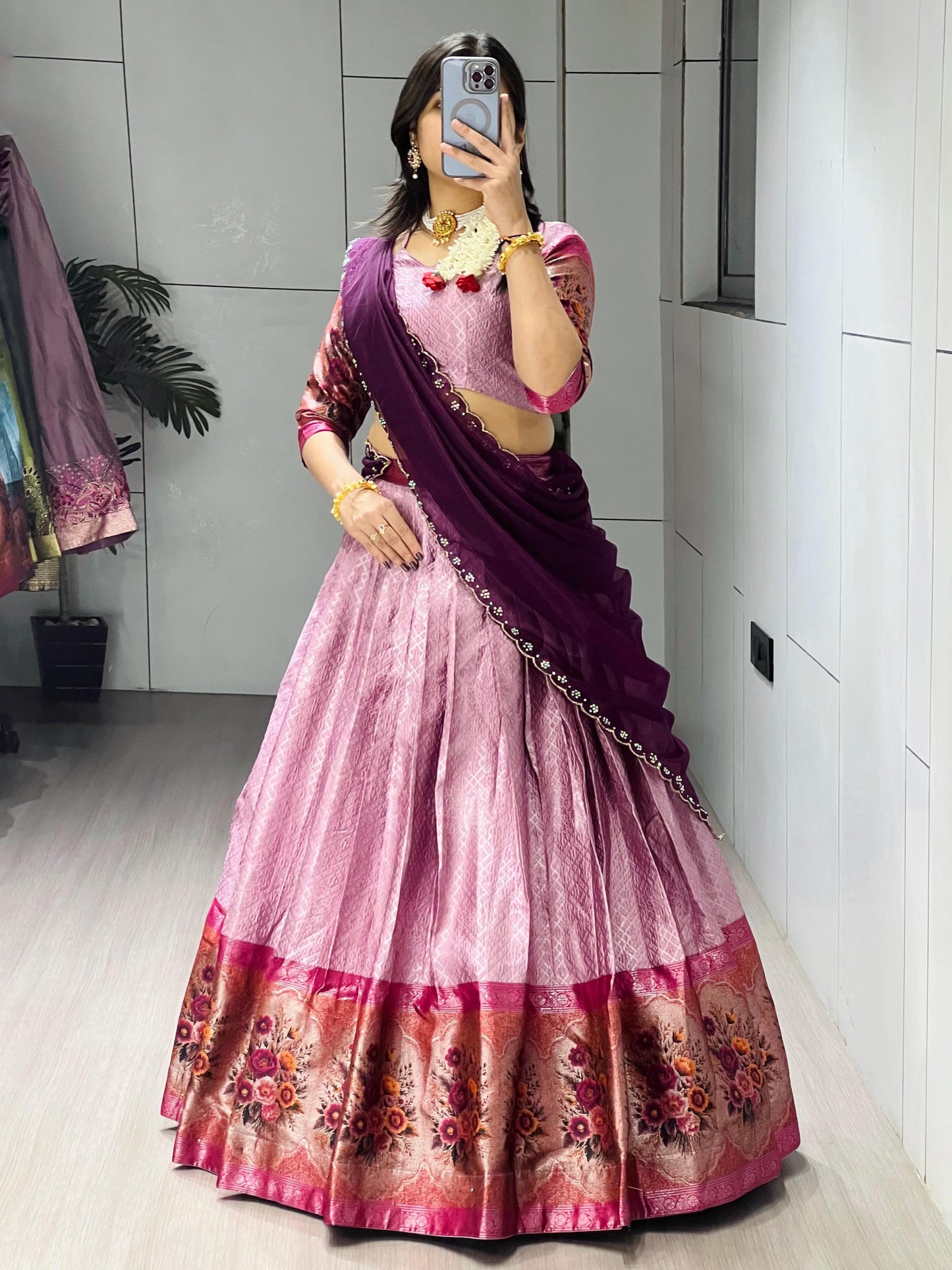 Marvelous Pink Zari Weaving Silk Wedding Half-Saree Lehenga