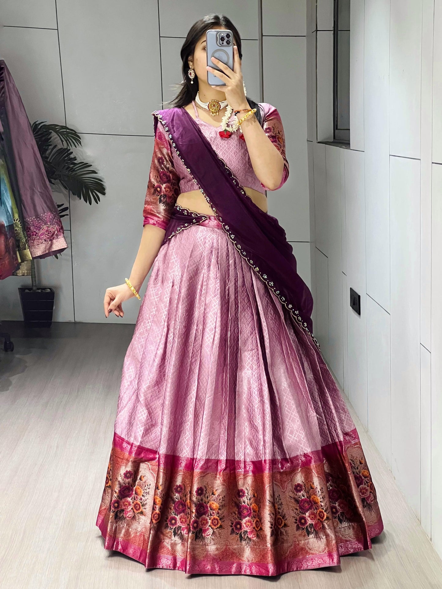 Marvelous Pink Zari Weaving Silk Wedding Half-Saree Lehenga