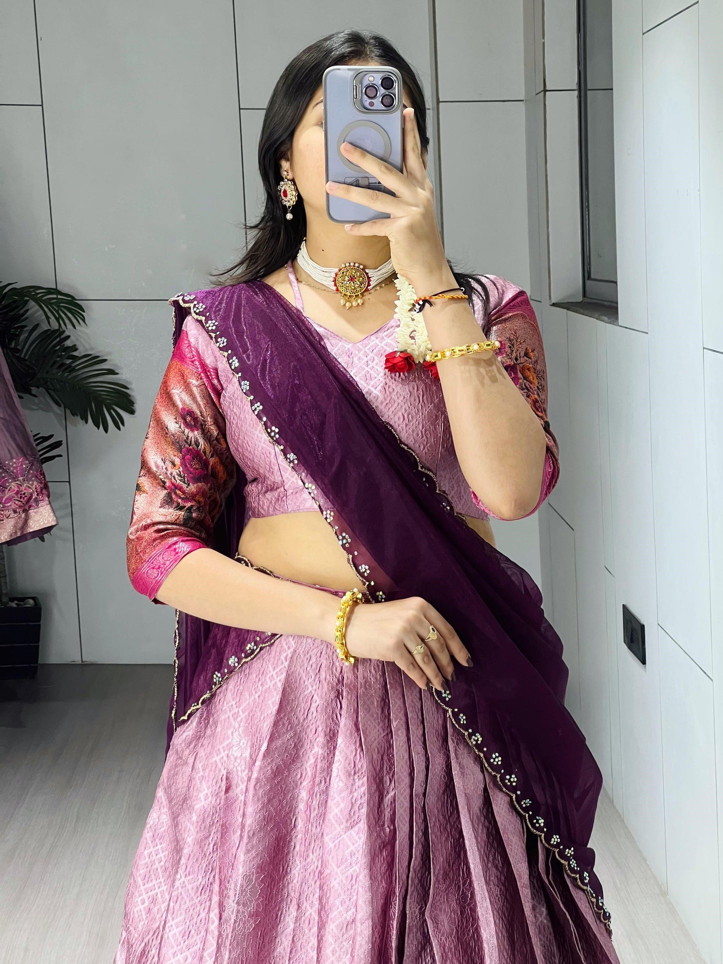 Marvelous Pink Zari Weaving Silk Wedding Half-Saree Lehenga