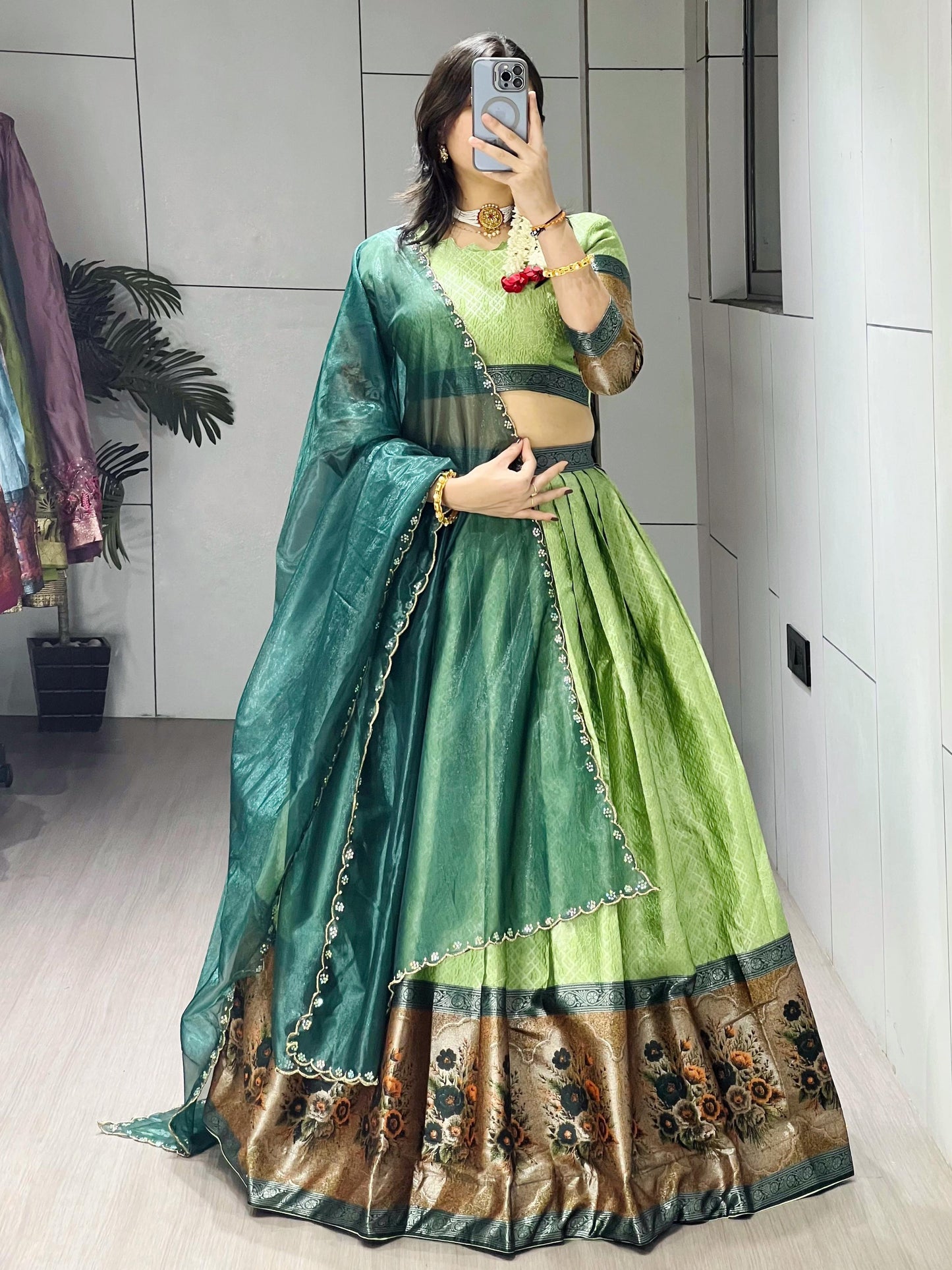 Marvelous Parrot Green Zari Weaving Silk Wedding Half-Saree Lehenga