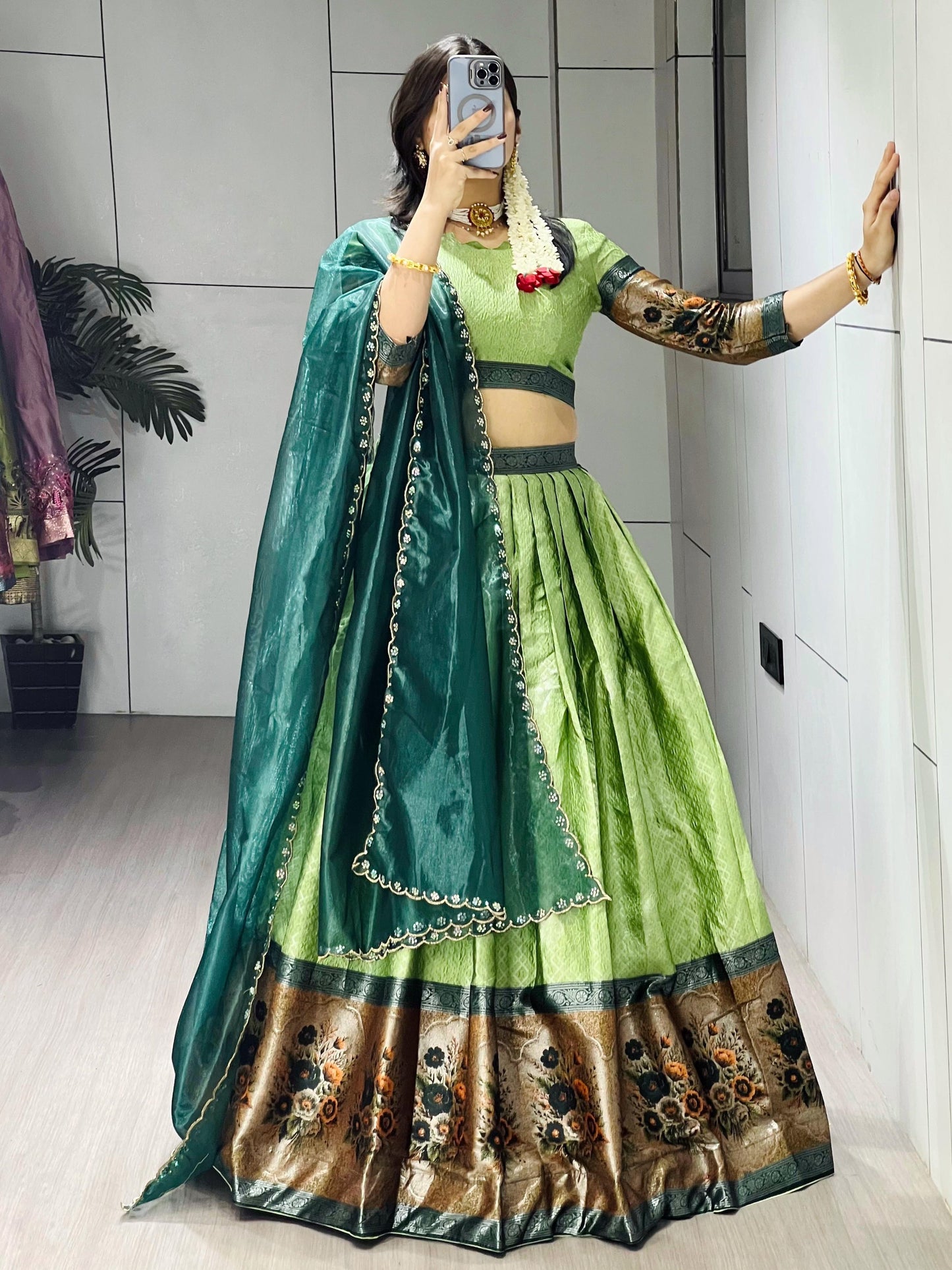 Marvelous Parrot Green Zari Weaving Silk Wedding Half-Saree Lehenga