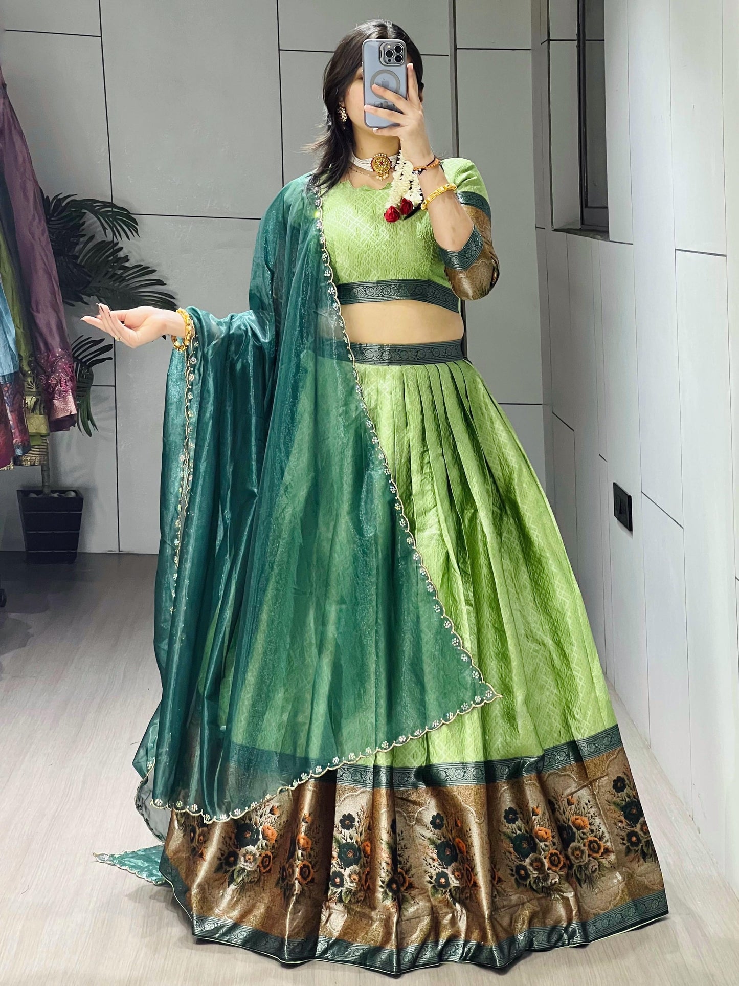 Marvelous Parrot Green Zari Weaving Silk Wedding Half-Saree Lehenga