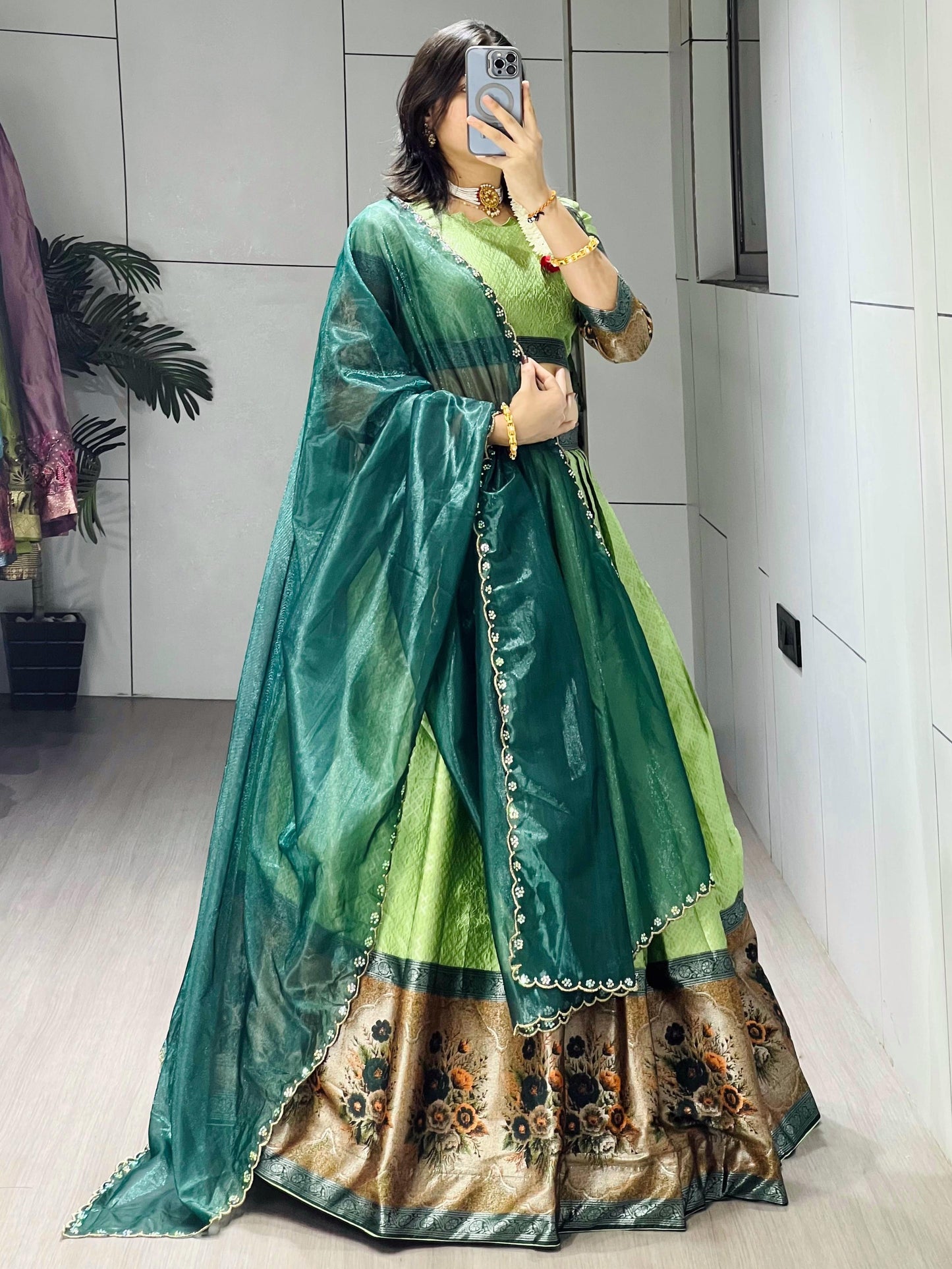 Marvelous Parrot Green Zari Weaving Silk Wedding Half-Saree Lehenga