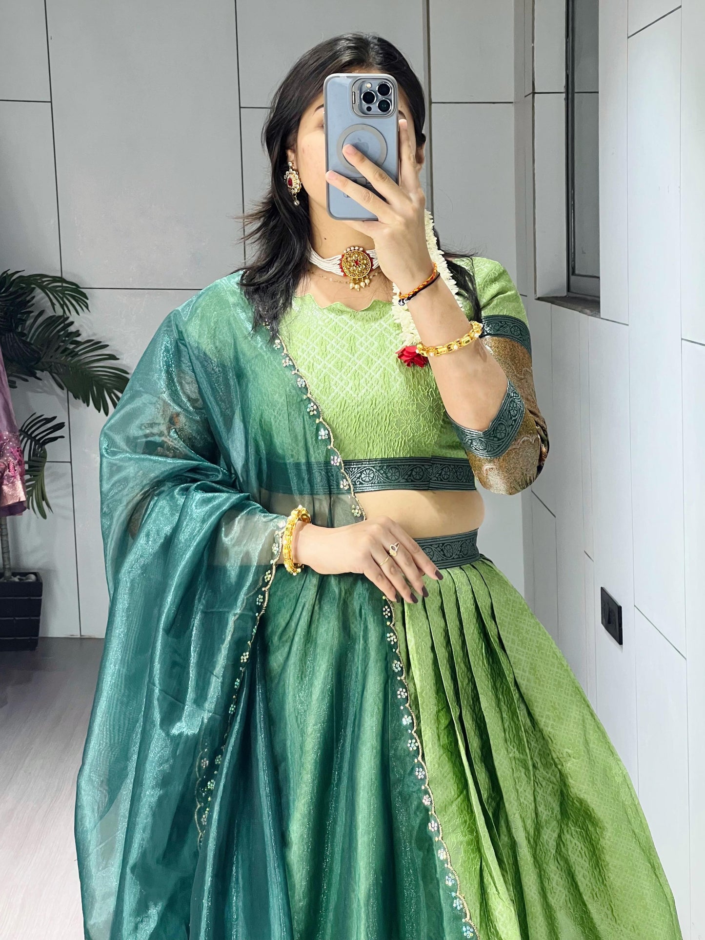 Marvelous Parrot Green Zari Weaving Silk Wedding Half-Saree Lehenga