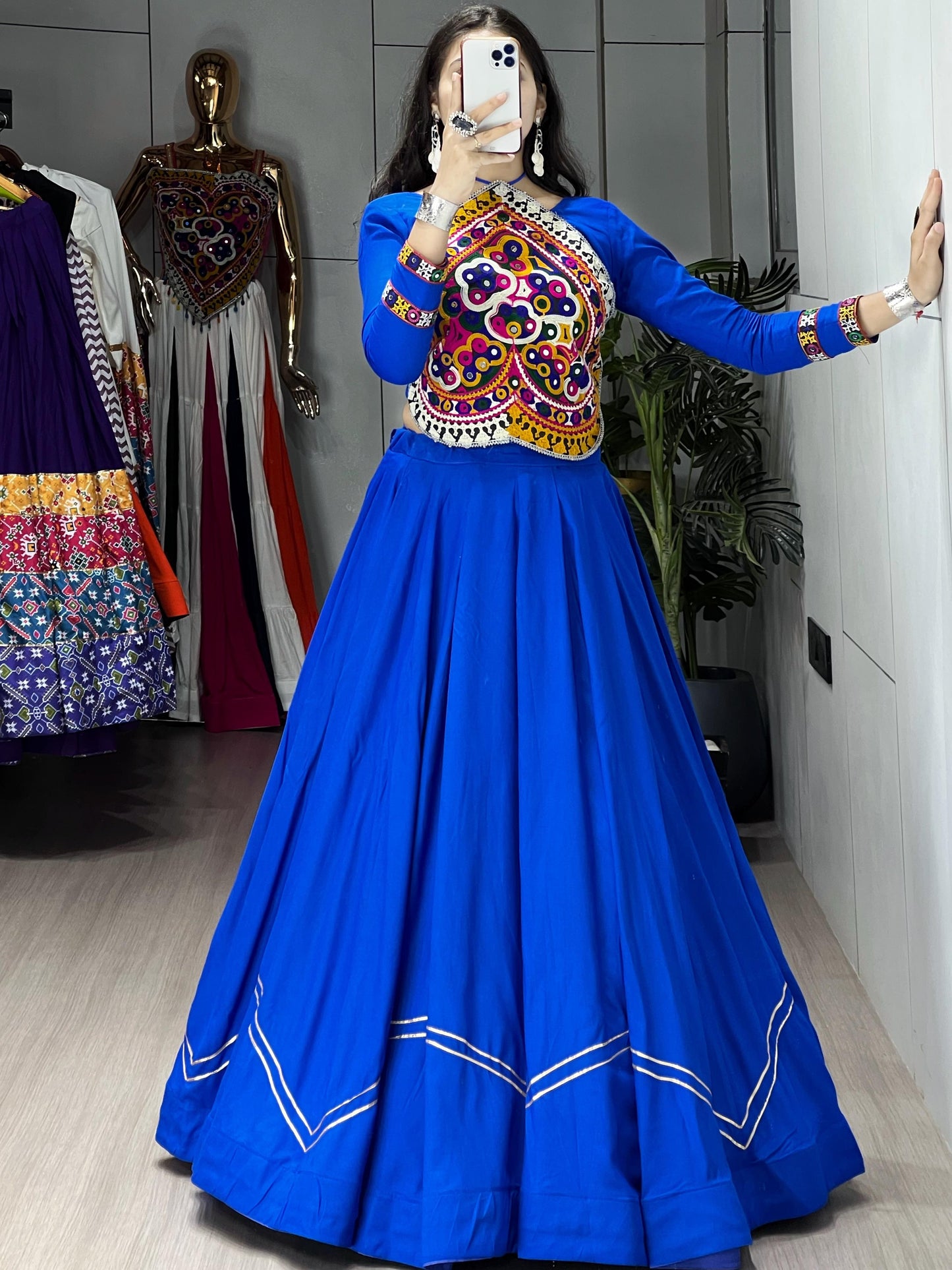 Blue Gamthi Work Rayon Cotton Navratri Crop Top Lehenga
