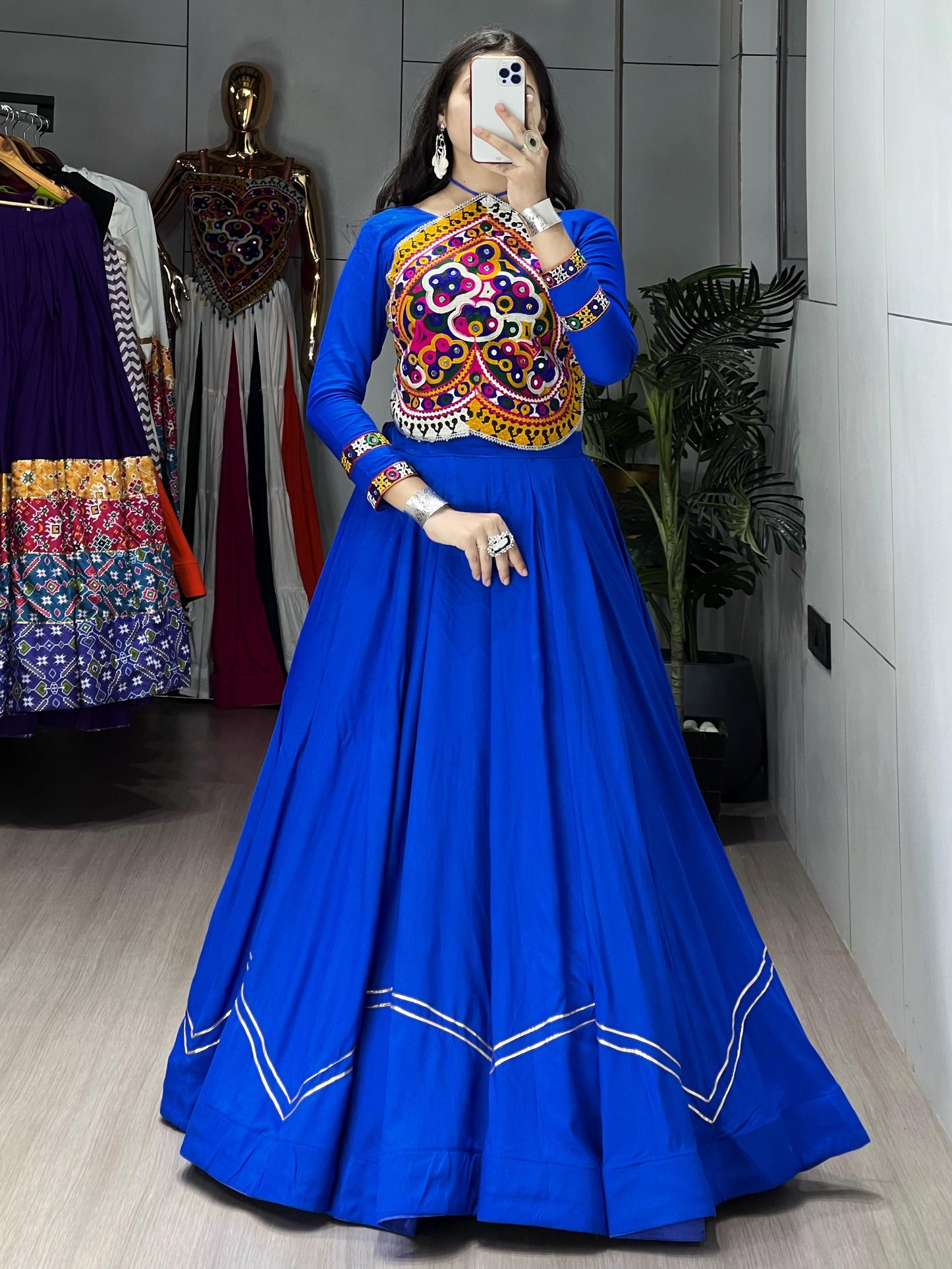 Blue Gamthi Work Rayon Cotton Navratri Crop Top Lehenga