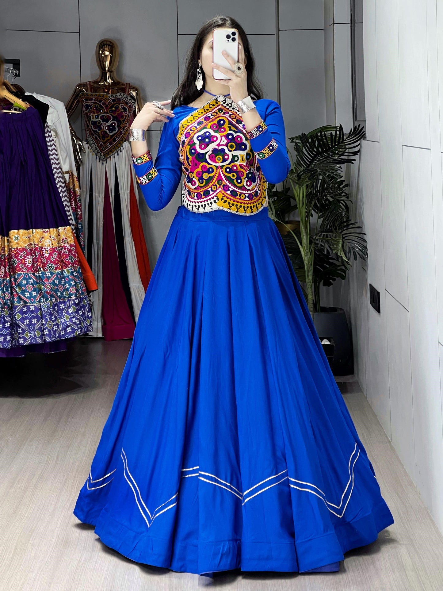 Blue Gamthi Work Rayon Cotton Navratri Crop Top Lehenga