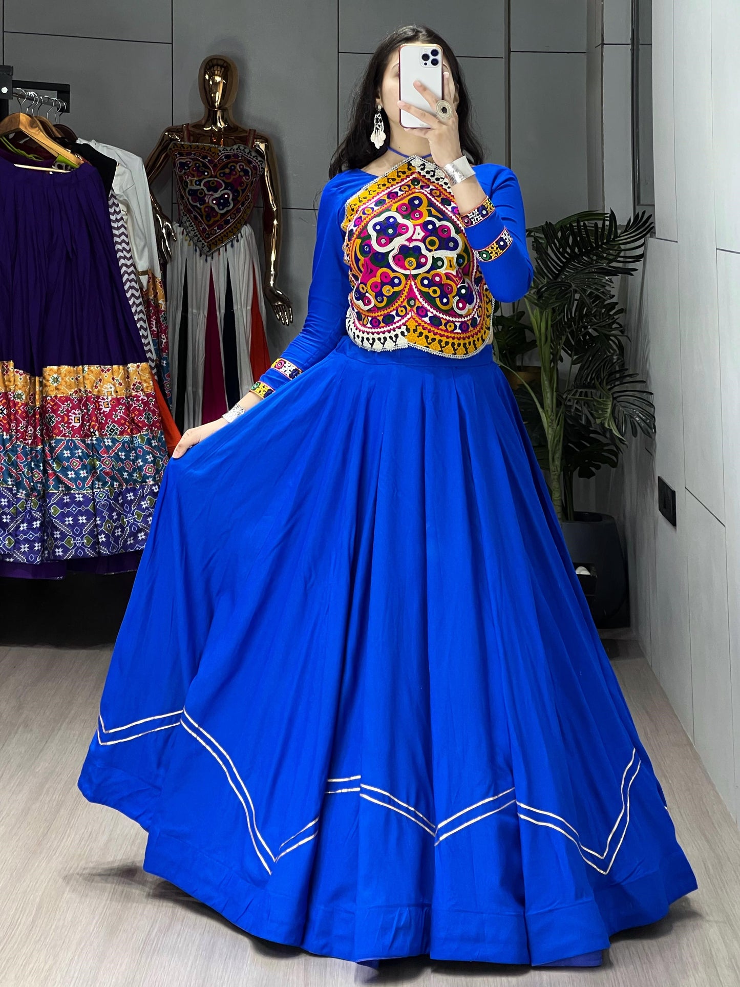Blue Gamthi Work Rayon Cotton Navratri Crop Top Lehenga