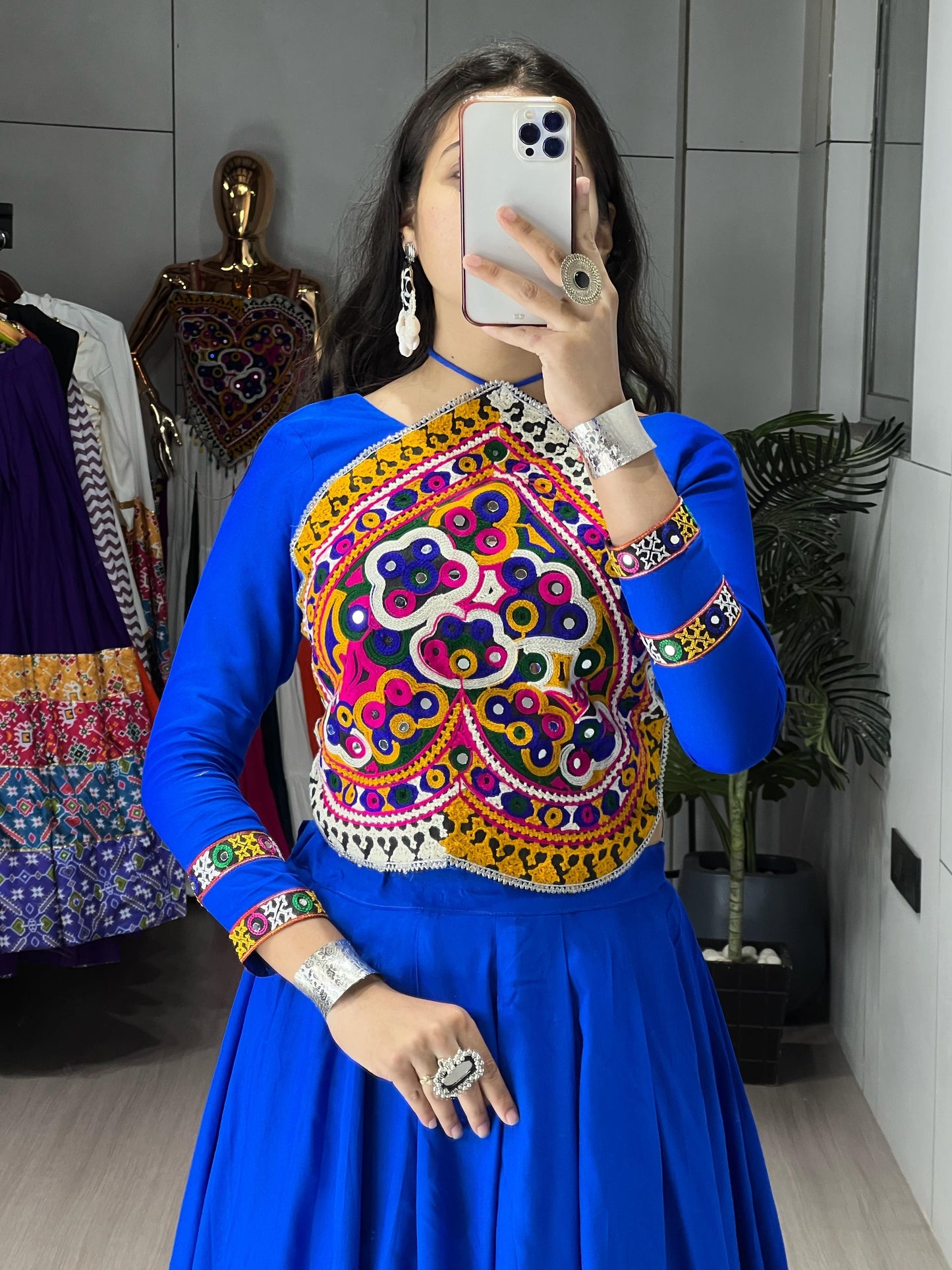 Blue Gamthi Work Rayon Cotton Navratri Crop Top Lehenga