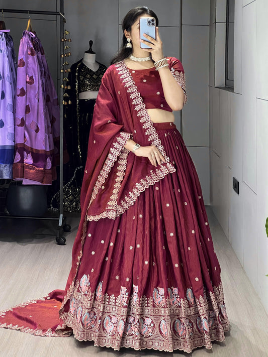 Charming Maroon Embroidered Vichitra Silk Reception Lehenga Choli