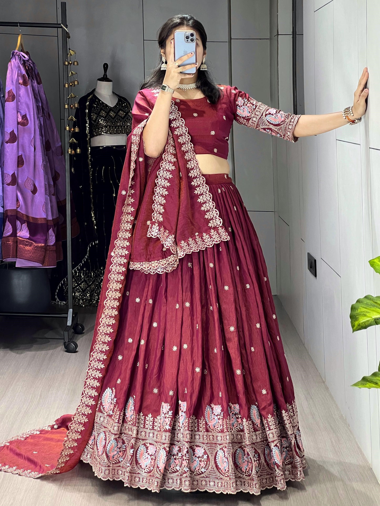 Charming Maroon Embroidered Vichitra Silk Reception Lehenga Choli