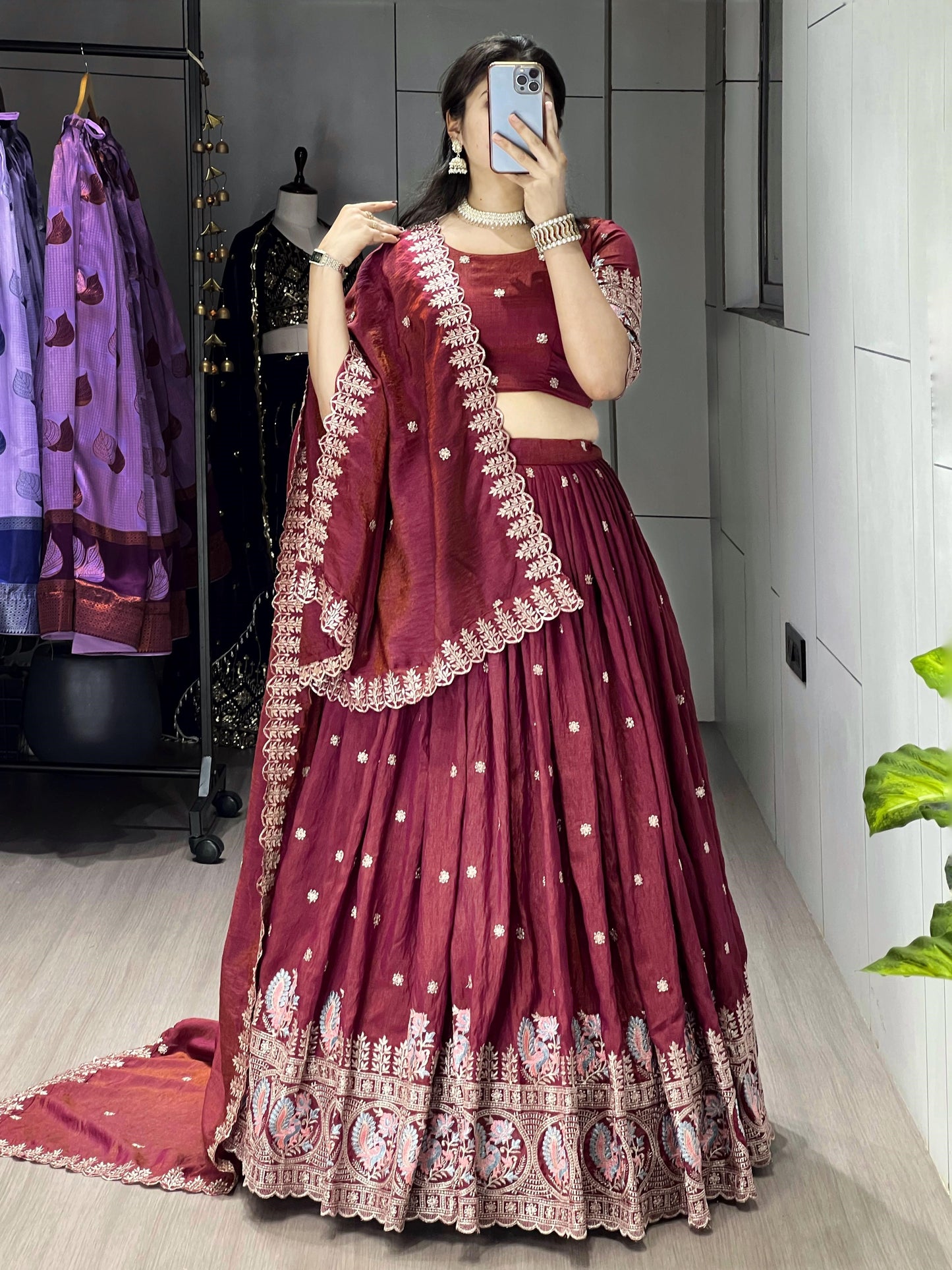 Charming Maroon Embroidered Vichitra Silk Reception Lehenga Choli