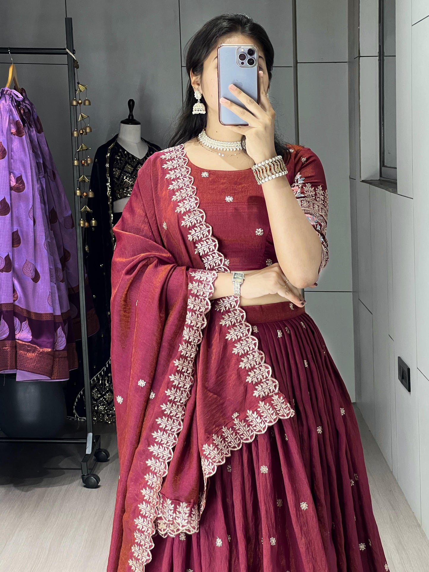 Charming Maroon Embroidered Vichitra Silk Reception Lehenga Choli