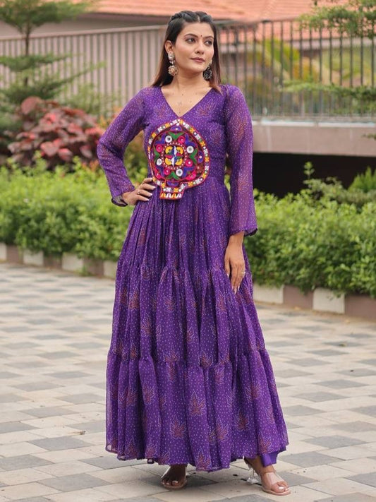 Enchanting Purple Gamthi Work Georgette Navratri Gown