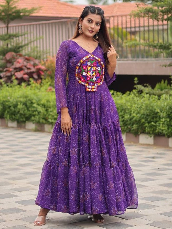 Enchanting Purple Gamthi Work Georgette Navratri Gown
