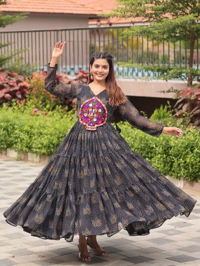 Lovely Black Bandhani Printed Georgette Navratri Gown