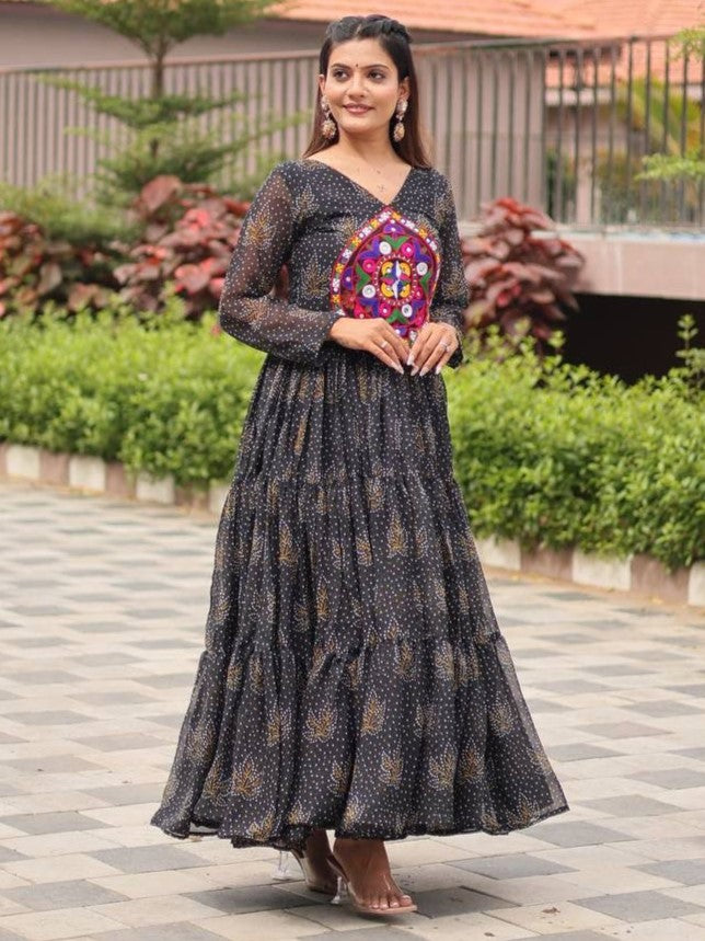 Lovely Black Bandhani Printed Georgette Navratri Gown