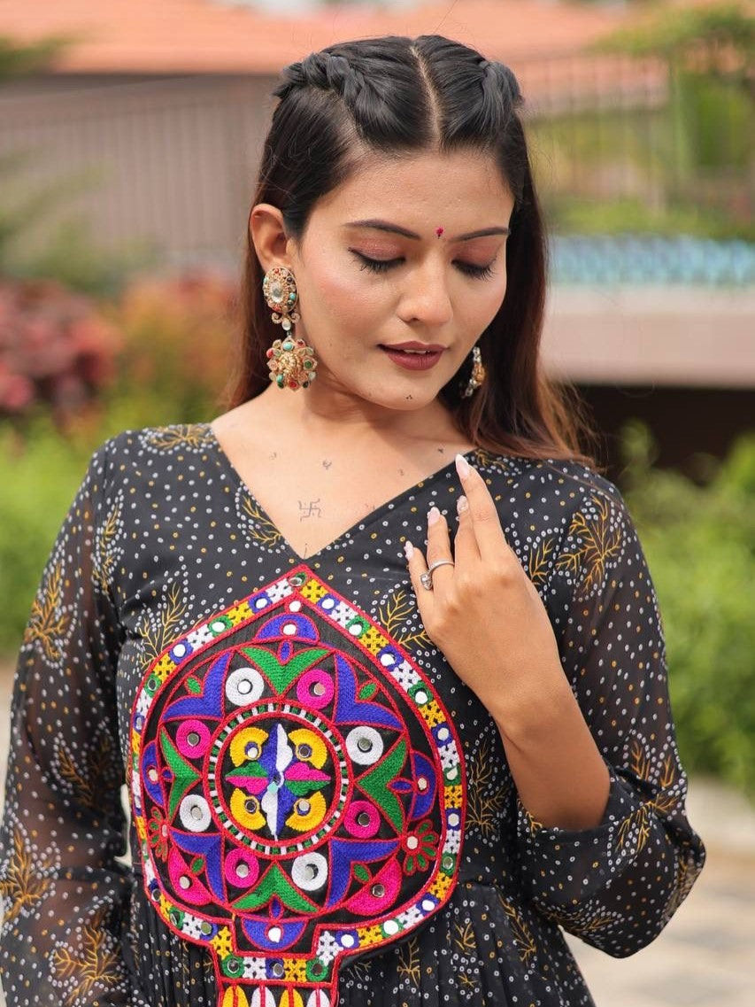Lovely Black Bandhani Printed Georgette Navratri Gown
