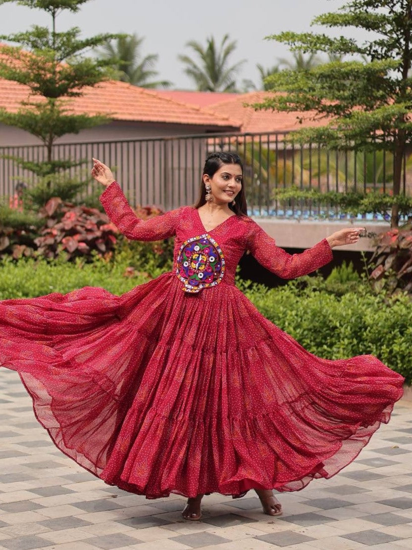 Fantastic Red Bandhani Printed Georgette Navratri Gown