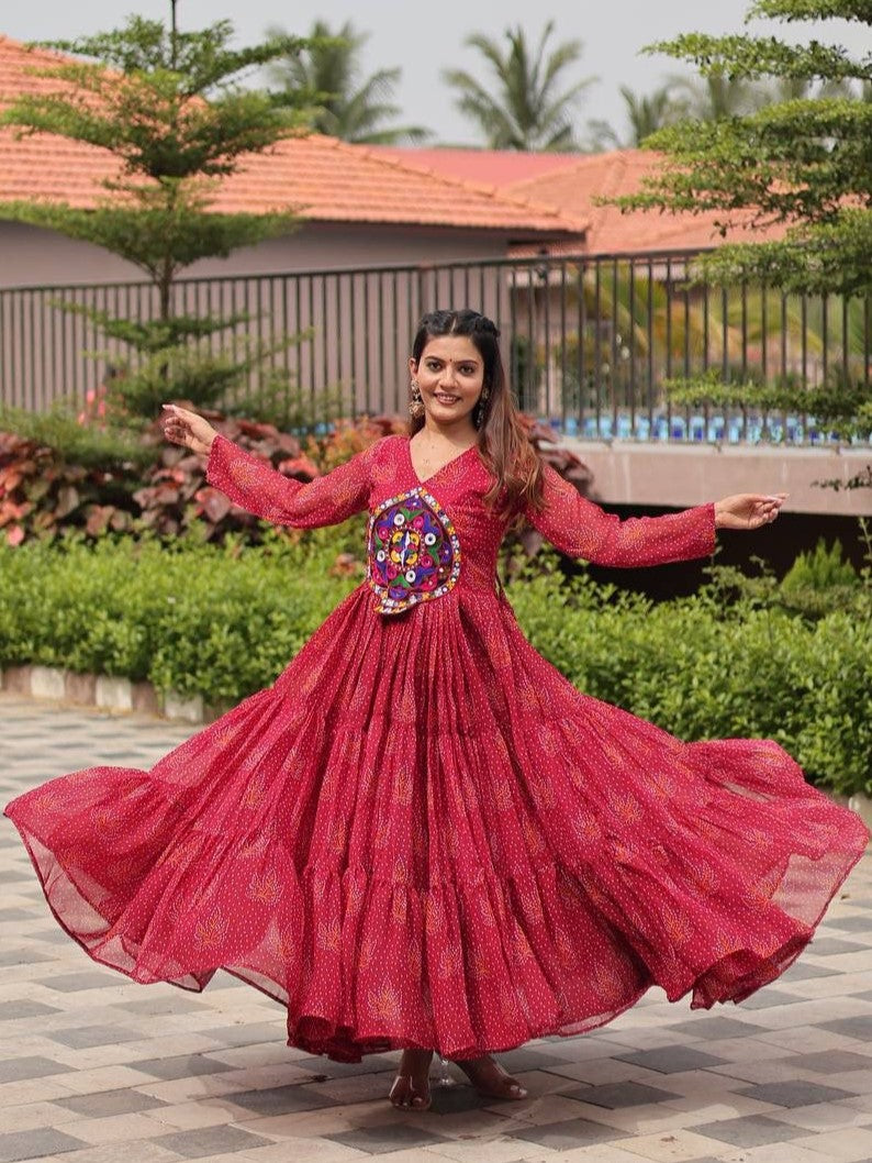Fantastic Red Bandhani Printed Georgette Navratri Gown