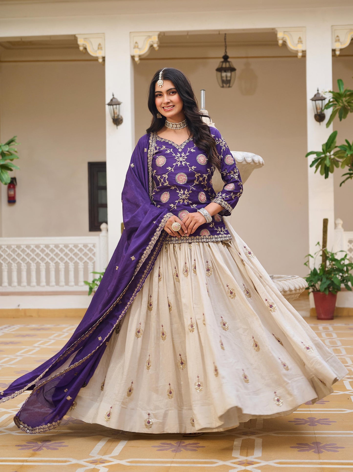 Marvelous Purple Thread Embroidery Chinon Lehenga With Top