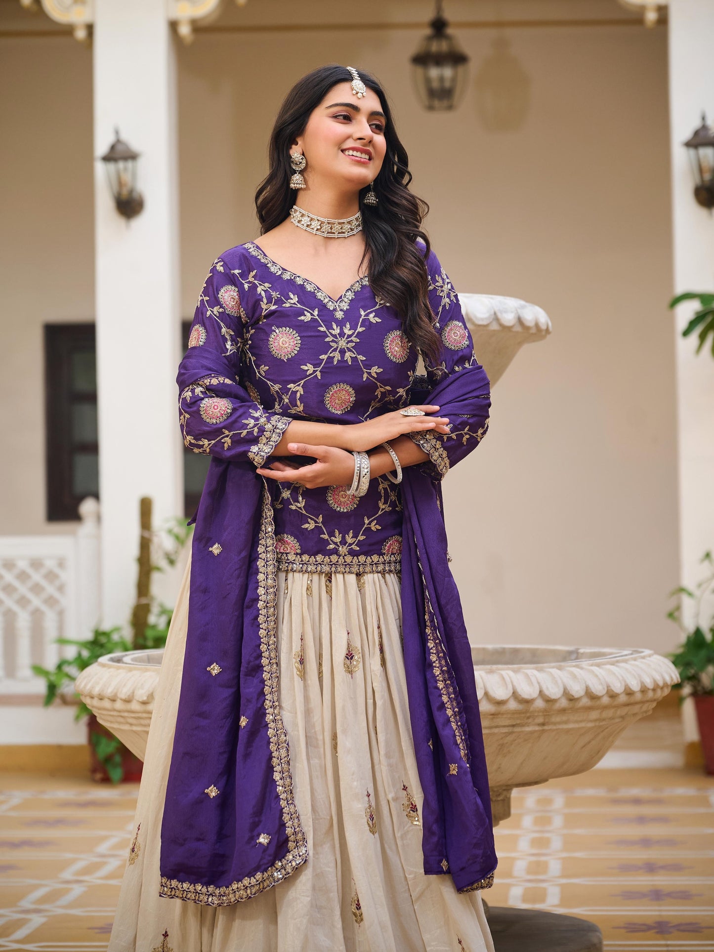 Marvelous Purple Thread Embroidery Chinon Lehenga With Top