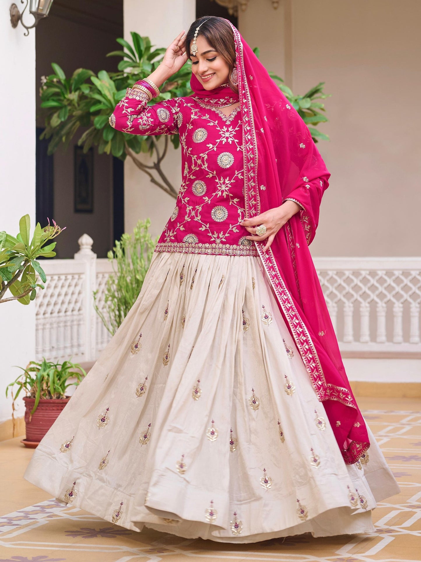 Marvelous Pink Sequins Work Chinon Lehenga With Top