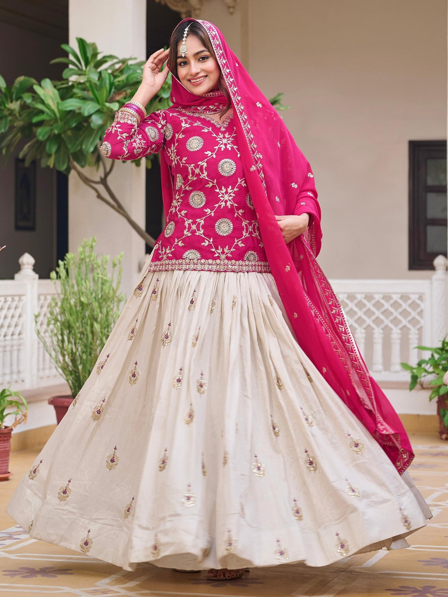 Marvelous Pink Sequins Work Chinon Lehenga With Top