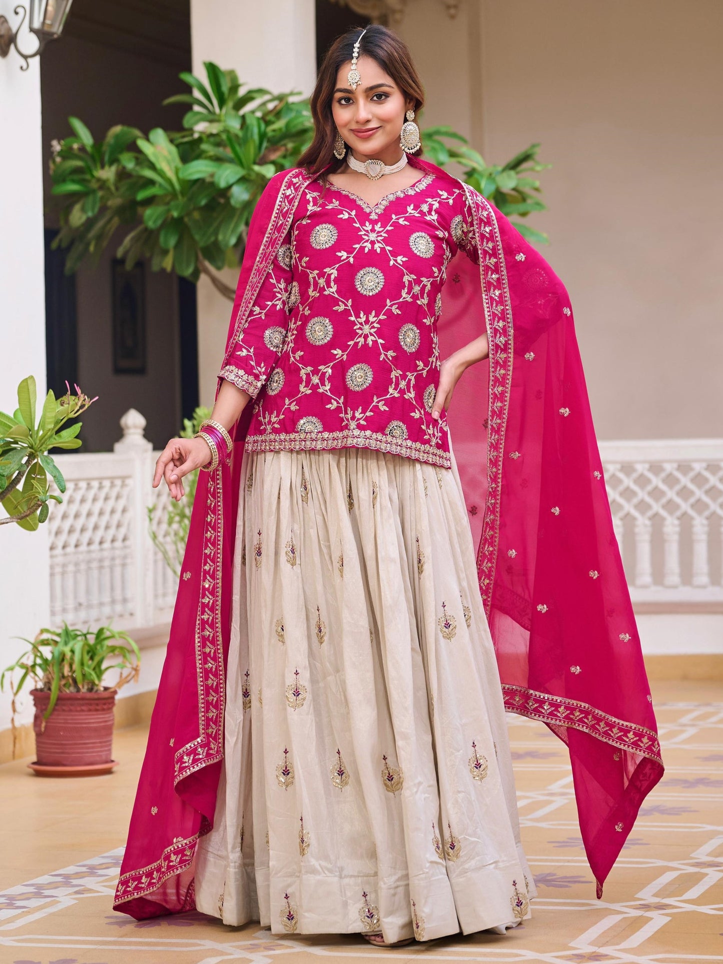 Marvelous Pink Sequins Work Chinon Lehenga With Top