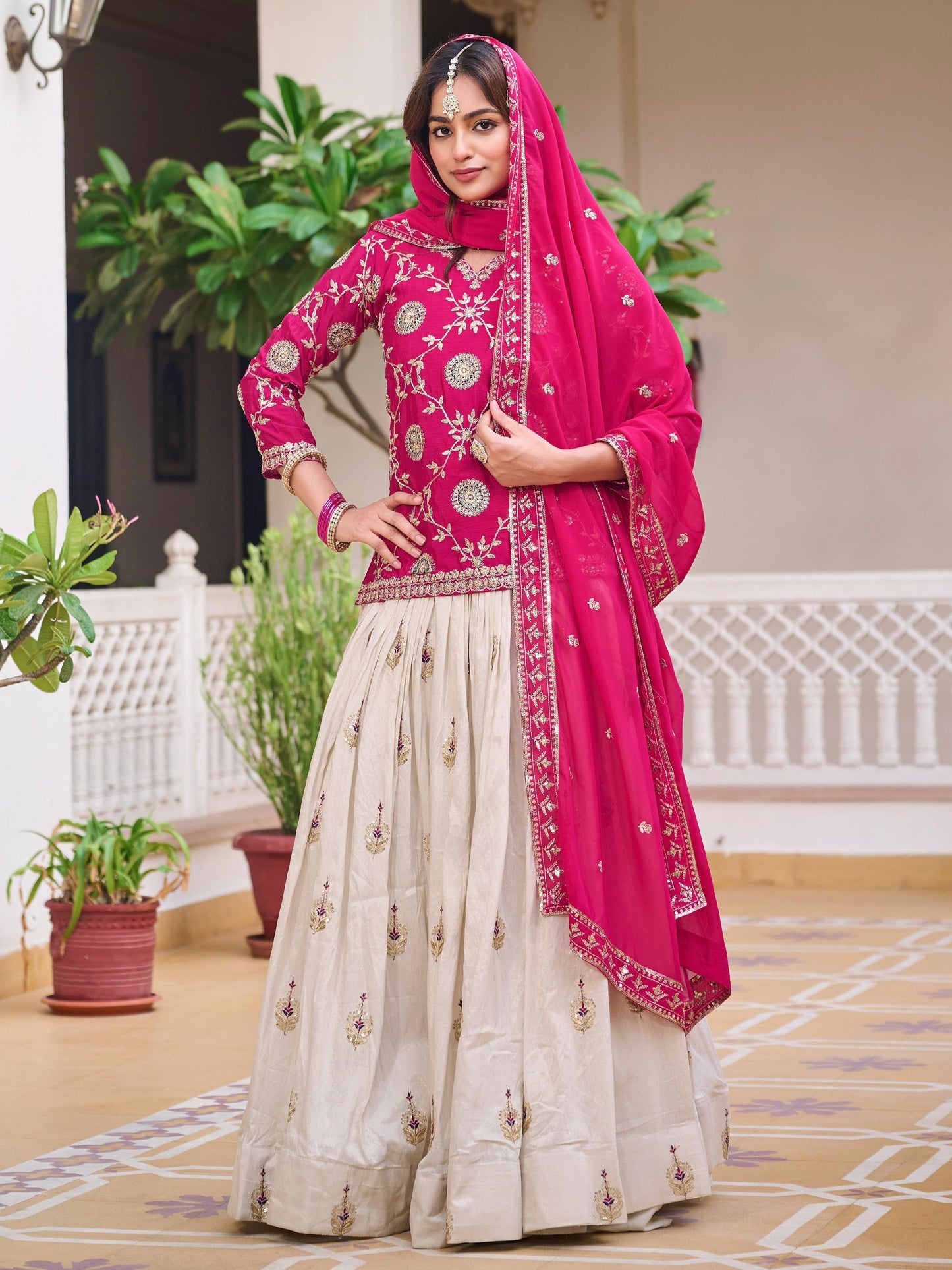 Marvelous Pink Sequins Work Chinon Lehenga With Top