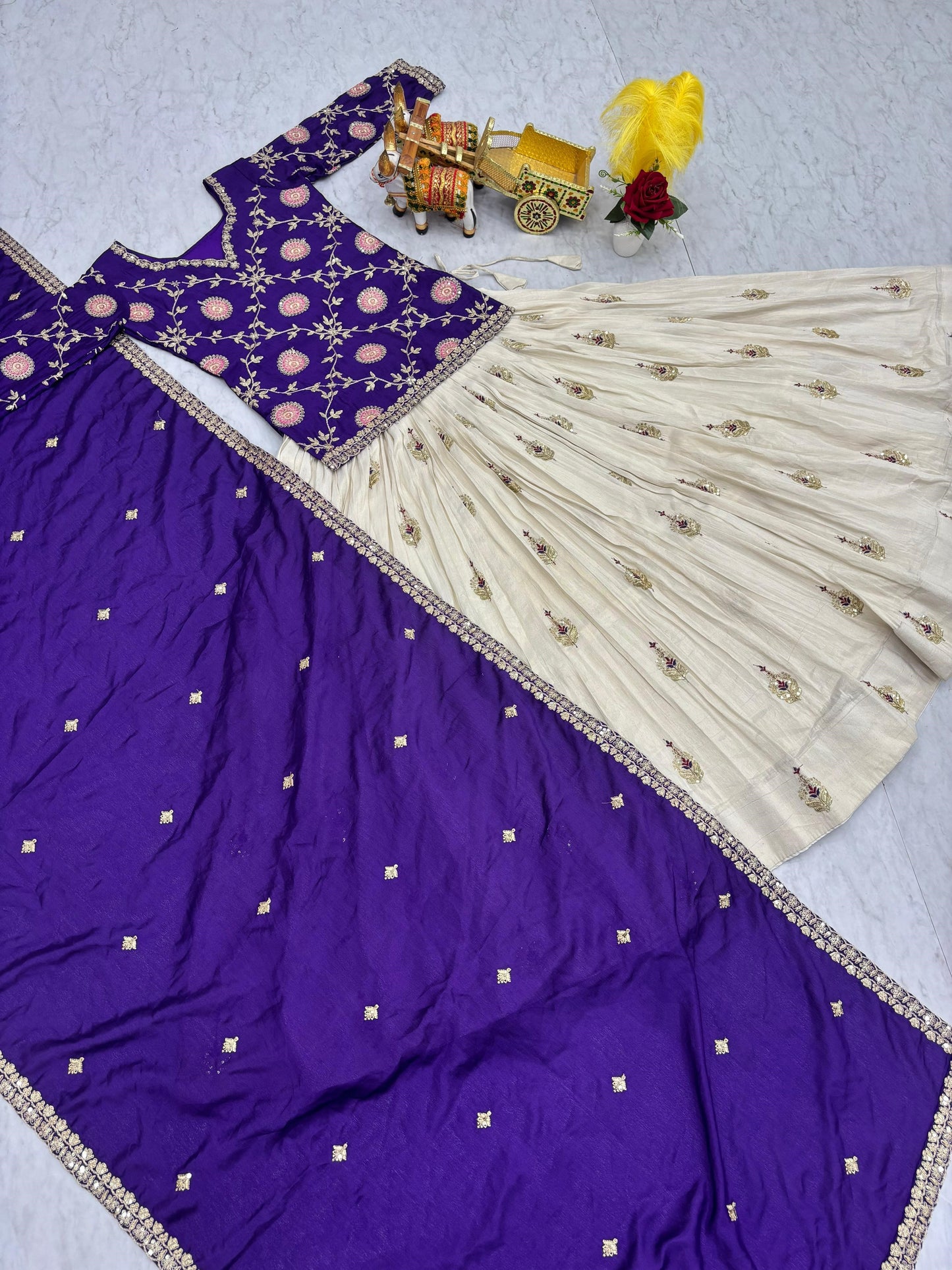Marvelous Purple Thread Embroidery Chinon Lehenga With Top