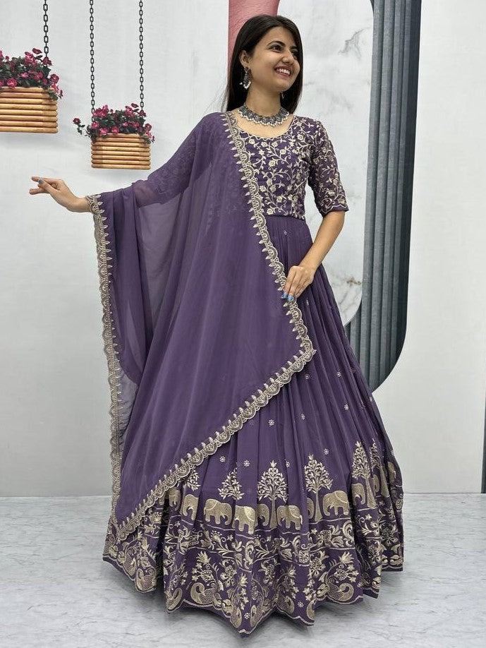 Charming Purple Embroidered Georgette Wedding Wear Gown