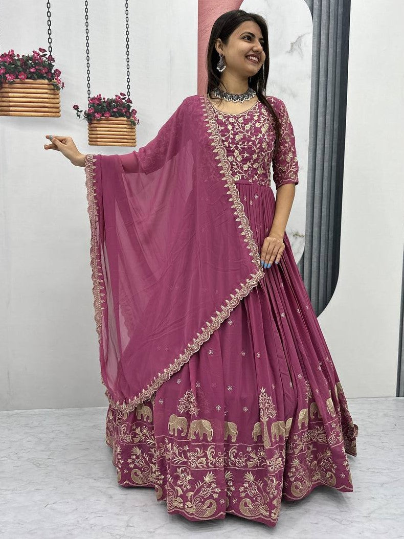 Marvelous Pink Embroidered Georgette Reception Wear Gown