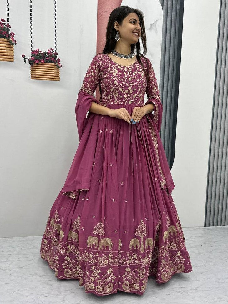 Marvelous Pink Embroidered Georgette Reception Wear Gown
