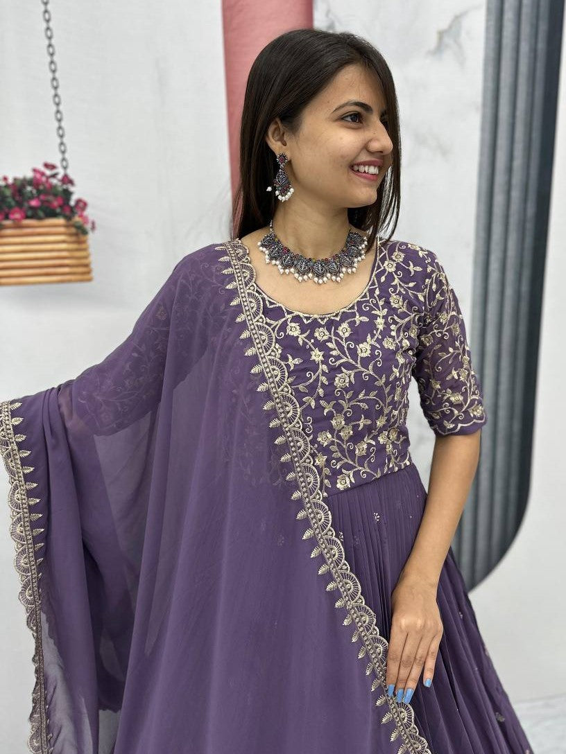 Charming Purple Embroidered Georgette Wedding Wear Gown