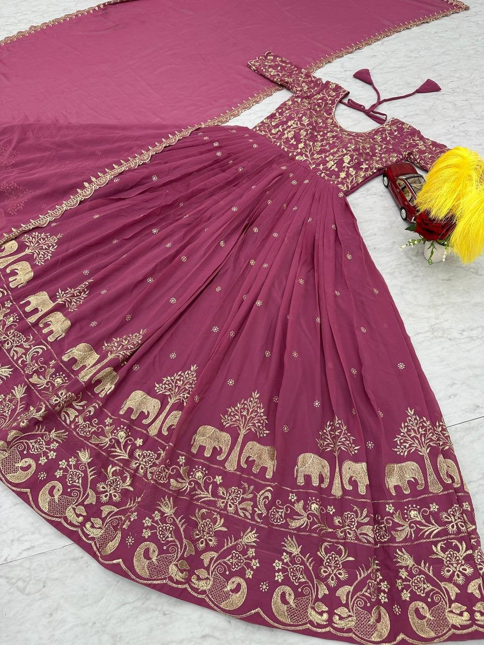 Marvelous Pink Embroidered Georgette Reception Wear Gown