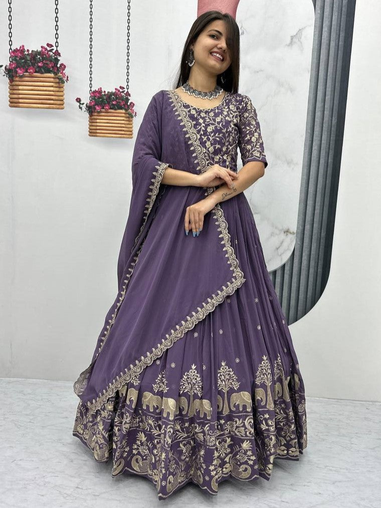 Charming Purple Embroidered Georgette Wedding Wear Gown