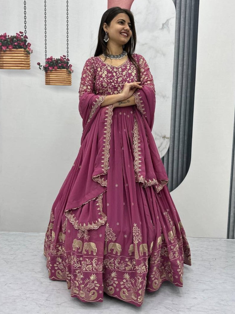 Marvelous Pink Embroidered Georgette Reception Wear Gown